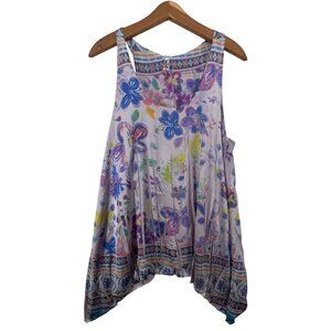 Lapis Womens Top XL Purple Floral Tank Tunic Shark-Bite Silky Satin Fairy Artsy